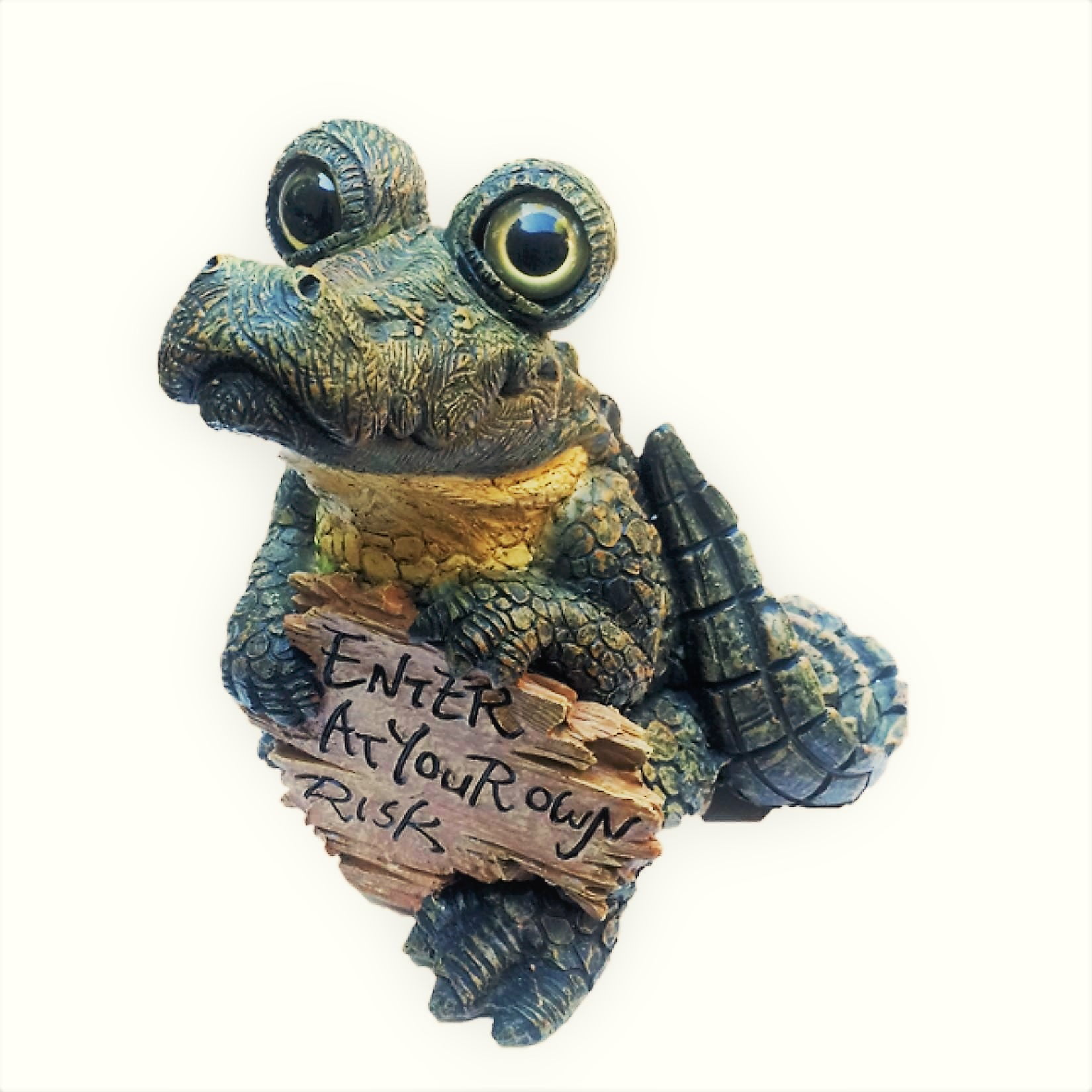 Homestyles Toad Hollow Extra Large Standing Gator with "Enter at Your Own Risk" Sign Alligator Beach Garden Statue 15"H