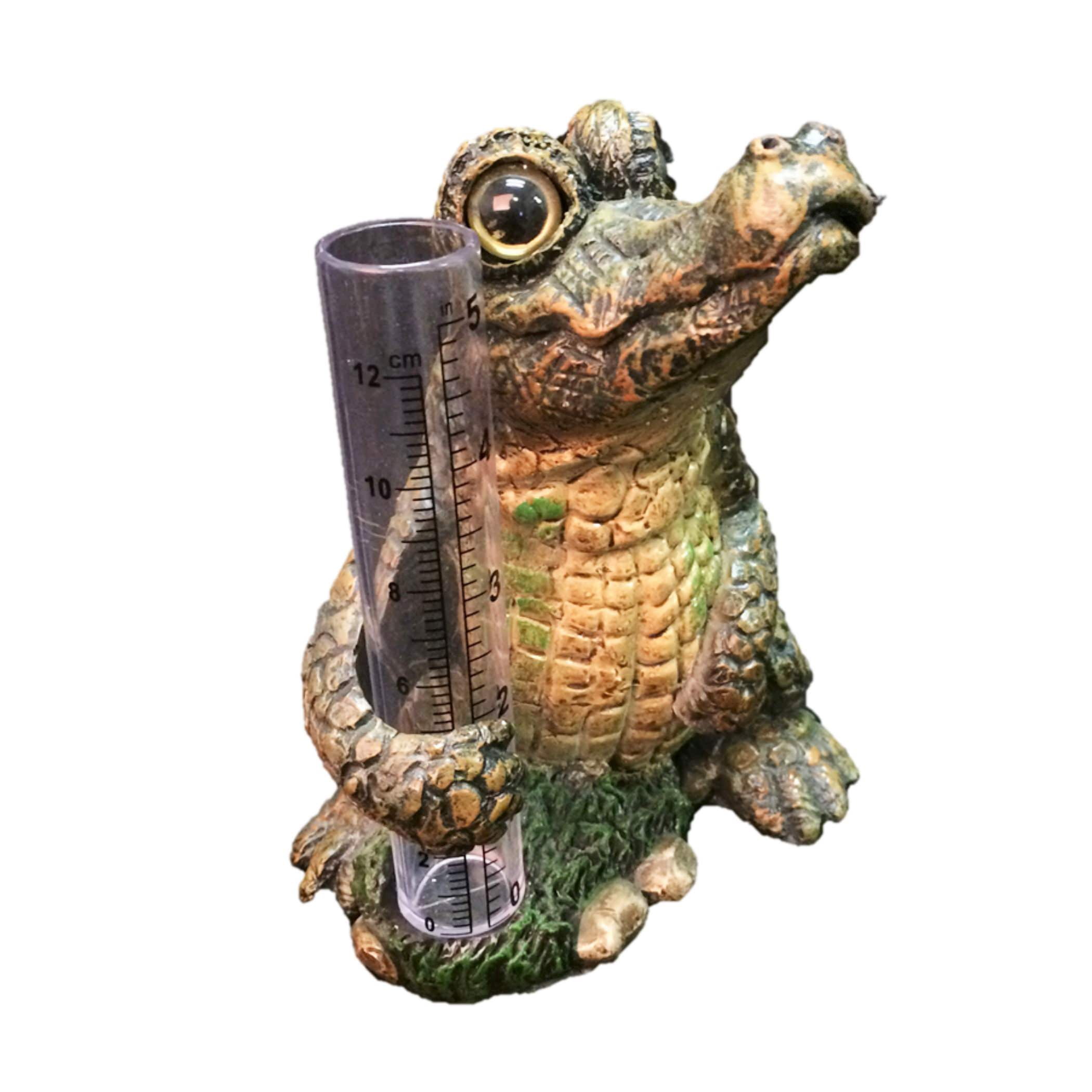 Whimsical Gray and Beige Resin Alligator Rain Gauge Statue