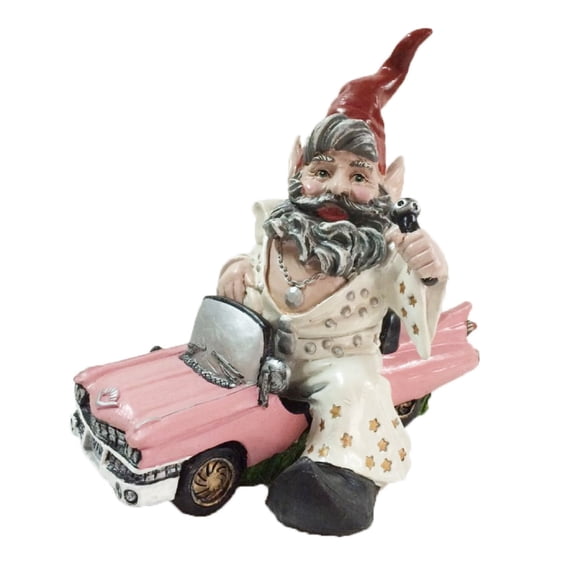 Nowaday Gnomes - "Vegas" the Look-a-Like Elvis Gnome In His Pink Cadillac Car Garden Gnome Statue 14"H