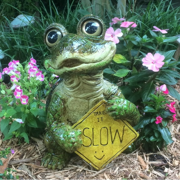 Homestyles Whimsical Turtle with "Take it Slow" Caution Sign Large Outdoor Garden Statue 15"H