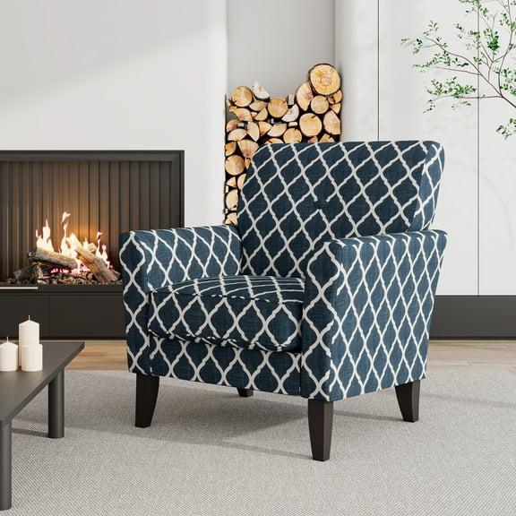Homesvale Alex Transitional Flared Arm Armchair, Navy Blue Trellis Linen-blend, For Living Room