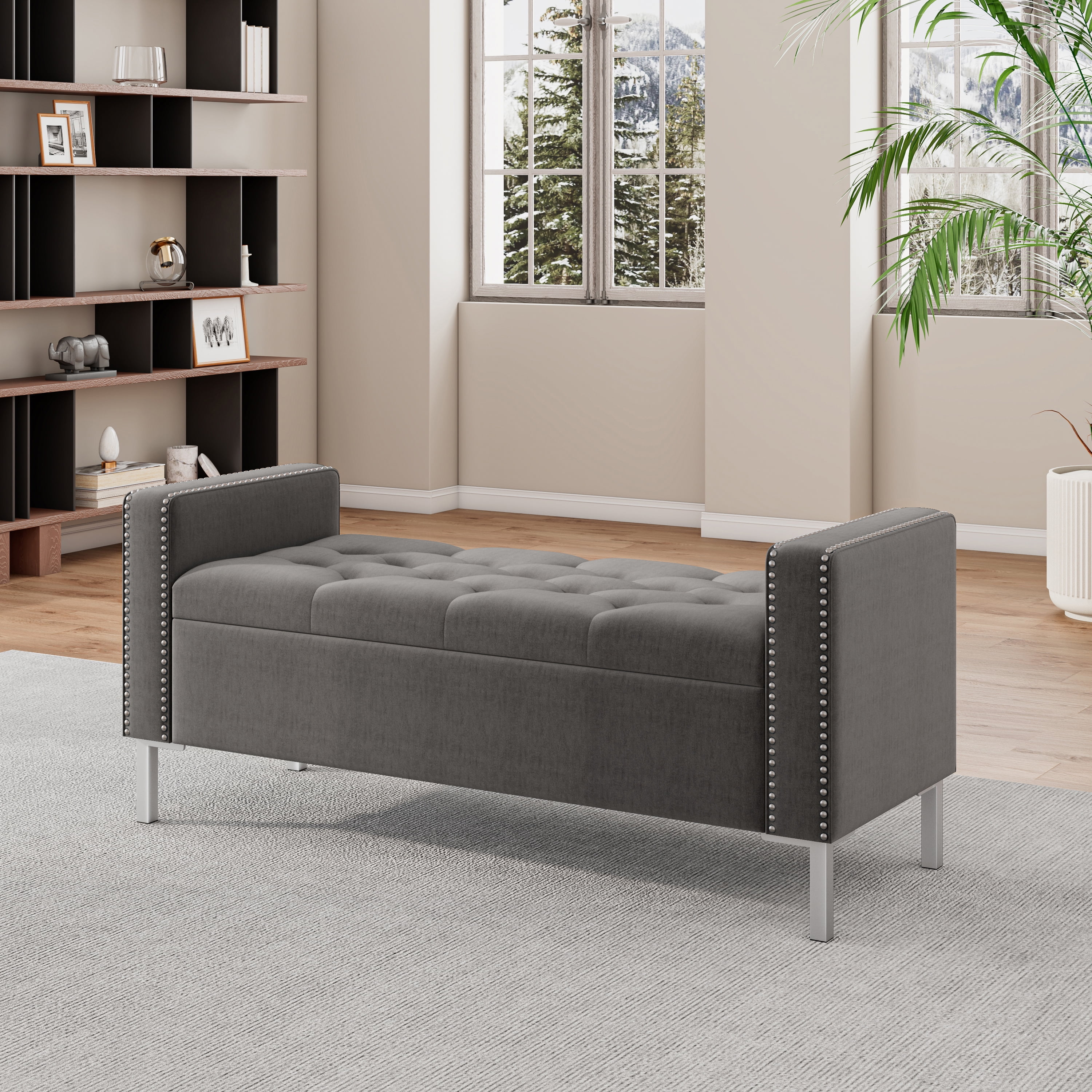 Charcoal Gray Velvet Tufted Storage Ottoman with Square Arms and Pewter Nailhead Trim