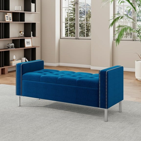 Homesvale Cashman 52"W x 22.5" H Storage Bench Ottoman with Square Arms for Living Room, Bedroom, Entryway, Navy Blue Velvet