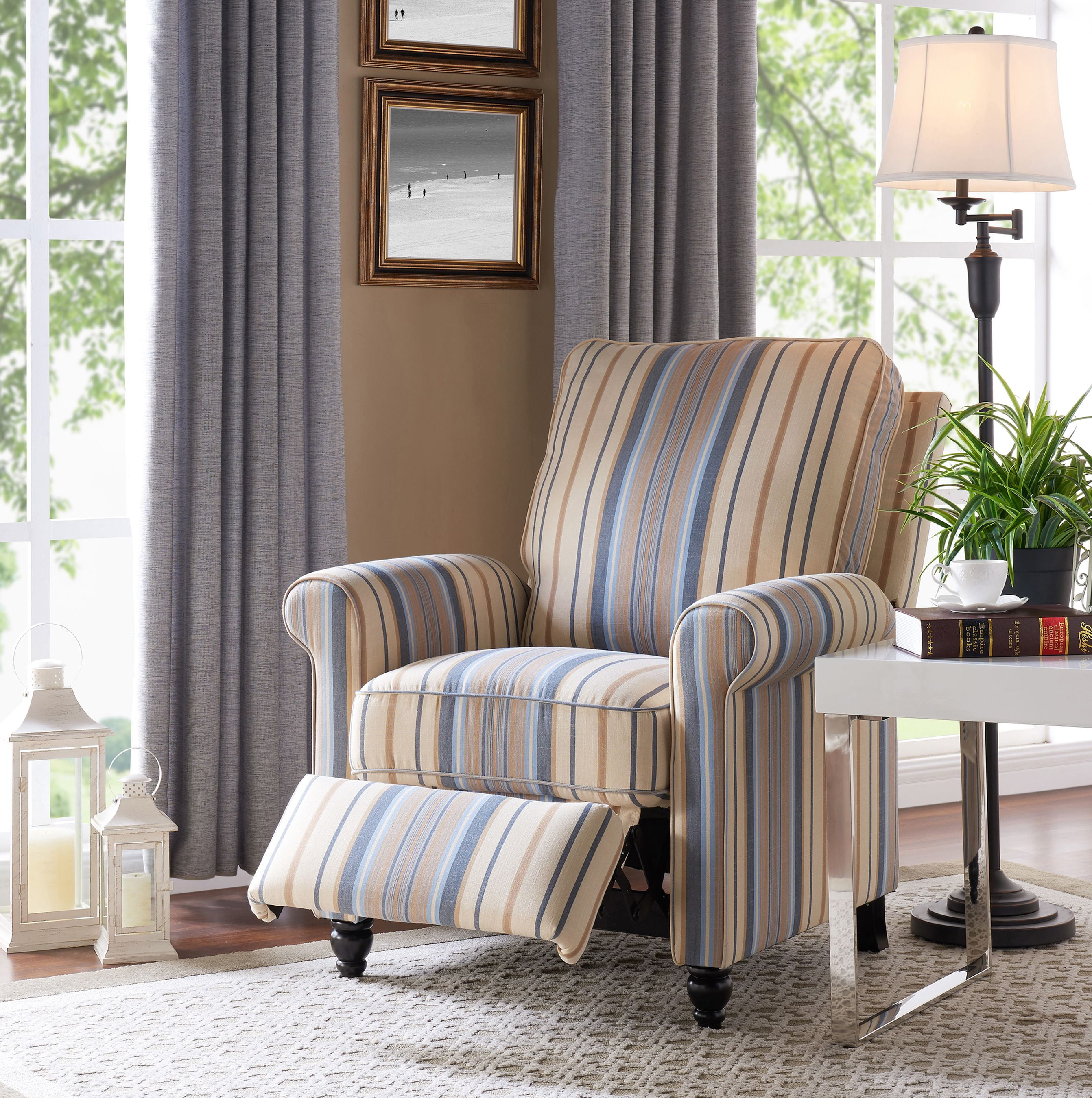 Homesvale Lincoln Push Back Recliner Chair Blue Stripe Poly Cotton Fabric For Living Room Bedroom Walmart