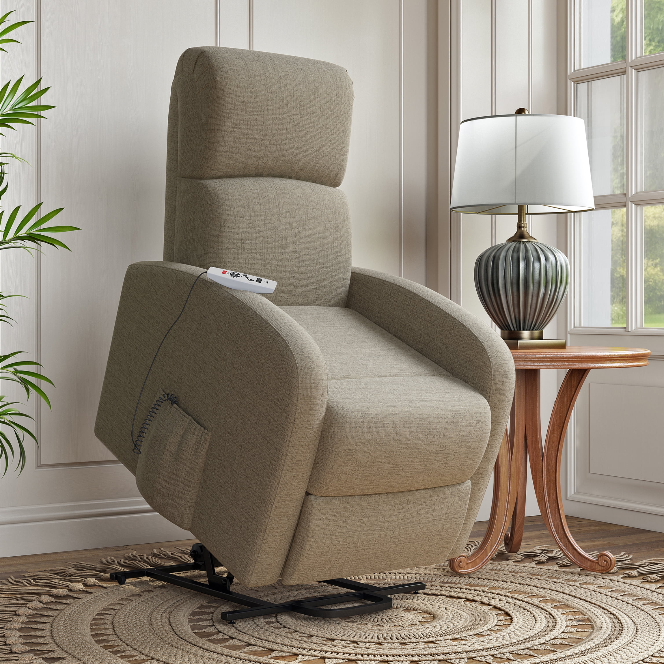 Homesvale Petite-sized Power Recline and Lift Chair with Heat and Massage, Barley Tan Chenille Fabric, Infinite Positions, For Elderly or Mobility Issues