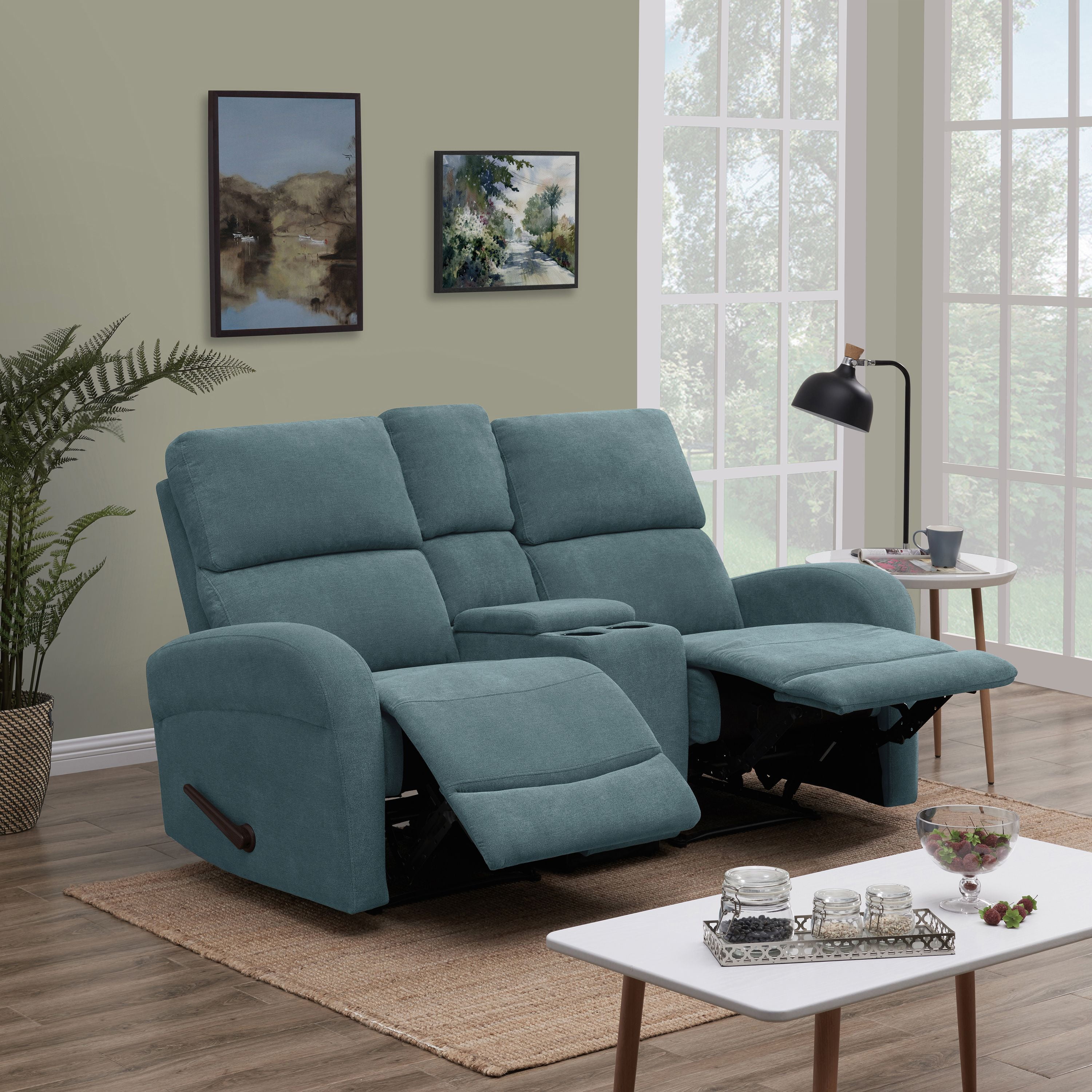 Homesvale Reclining Wall Hugger Sofa, Caribbean Blue Chenille