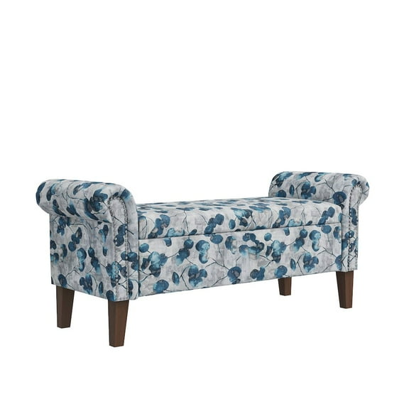 HL Home Furnishings Rolled Arm Storage Ottoman in Blue Floral Bonsai