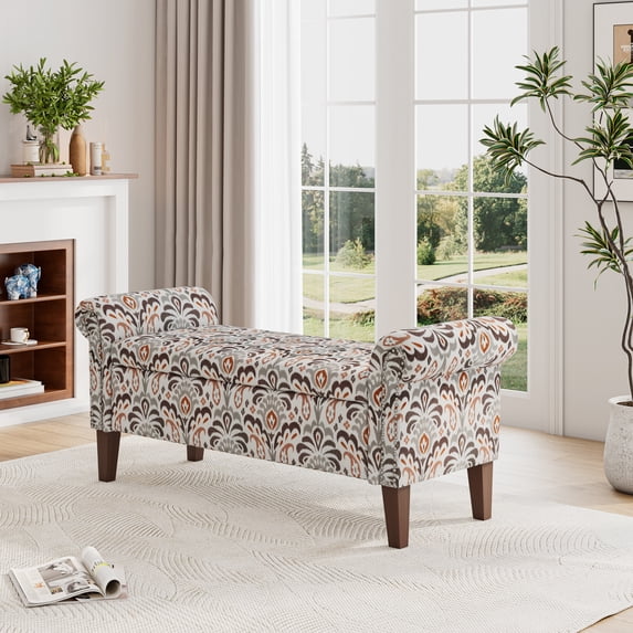 Homesvale Wallen 56.5"W x 24.5" H Storage Bench Ottoman with Rolled Arms for Living Room, Bedroom, Entryway, Amber & Brown Damask Pattern