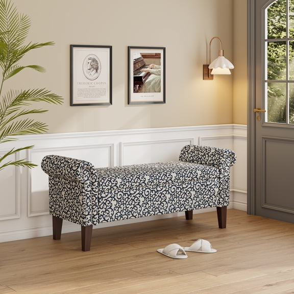 Homesvale Wallen 56.5"W x 24.5" H Storage Bench Ottoman with Rolled Arms for Living Room, Bedroom, Entryway, Black Curly Vine Pattern