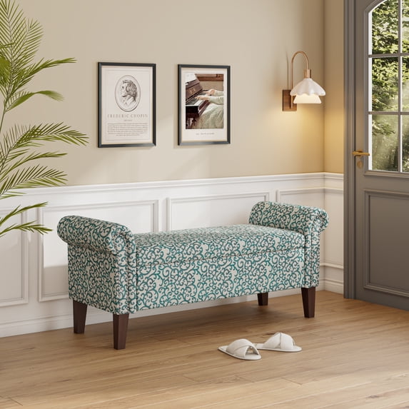 Homesvale Wallen 56.5"W x 24.5" H Storage Bench Ottoman with Rolled Arms for Living Room, Bedroom, Entryway, Medium Blue Curly Vine Pattern
