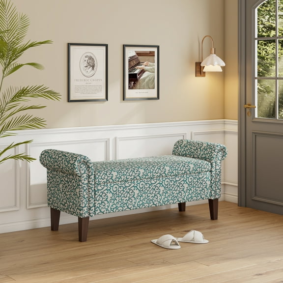 Homesvale Wallen 56.5"W x 24.5" H Storage Bench Ottoman with Rolled Arms for Living Room, Bedroom, Entryway, Medium Blue Curly Vine Pattern