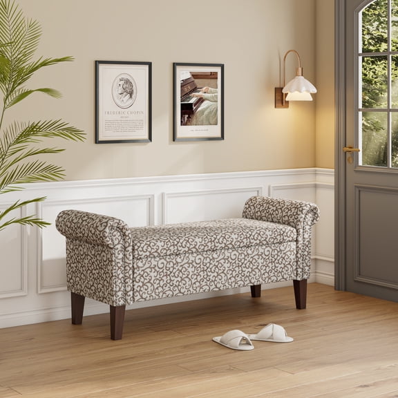 Homesvale Wallen 56.5"W x 24.5" H Storage Bench Ottoman with Rolled Arms for Living Room, Bedroom, Entryway, Tan Curly Vine Pattern