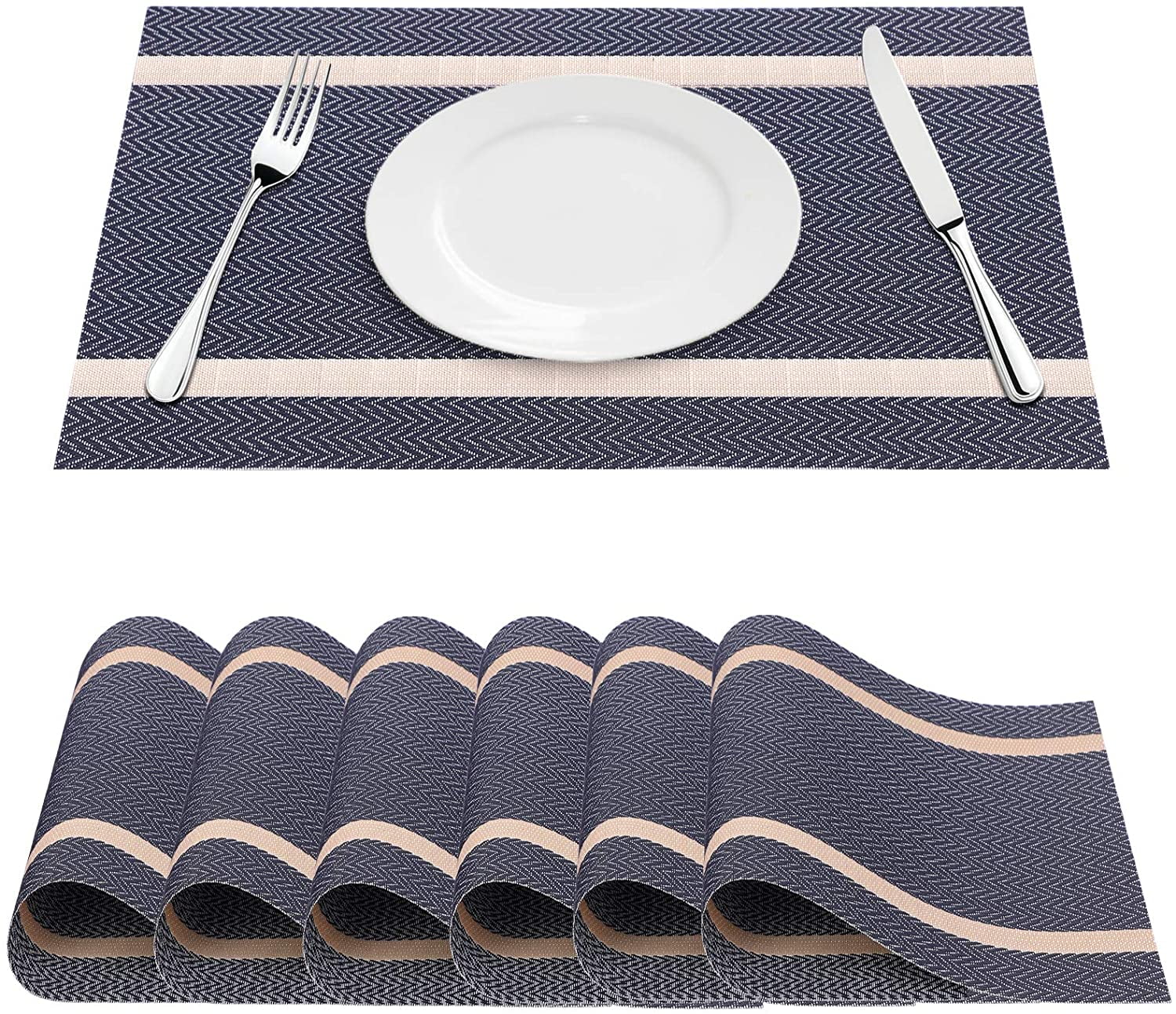 Hometobeauty Placemats Set of 6, Stripe PVC NonSlip Heat Resistant Placemats, Blue