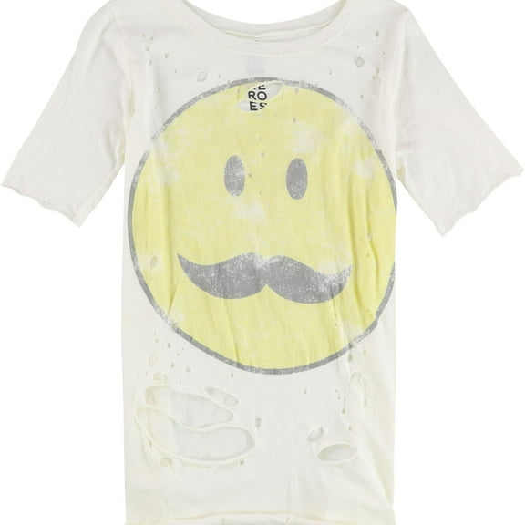 Hometown Heroes Womens Mustache Smiley Face Graphic T-Shirt, Off-White, Small
