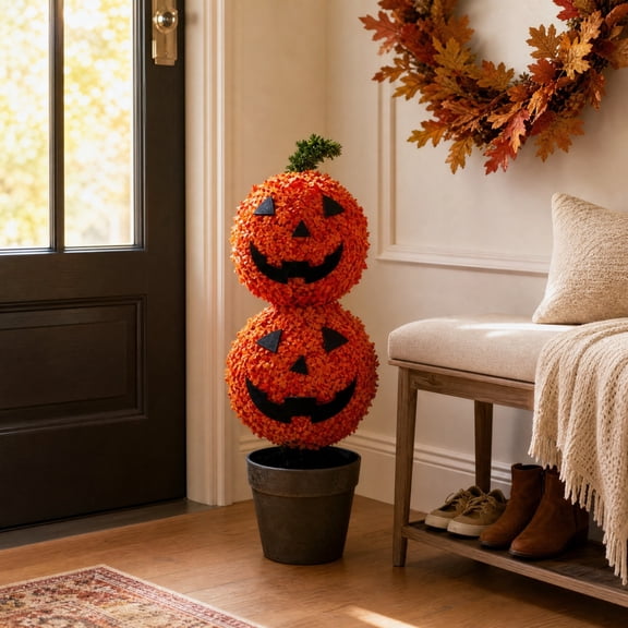 Hometravel 2-Tier Artificial Pumpkin Topiary Potted, Stacked Pumpkin Tree with Lifelike Foliage in Dark Pot, Fall Front Door Porch Decor for Indoor Halloween, Entryway, Patio, Balcony