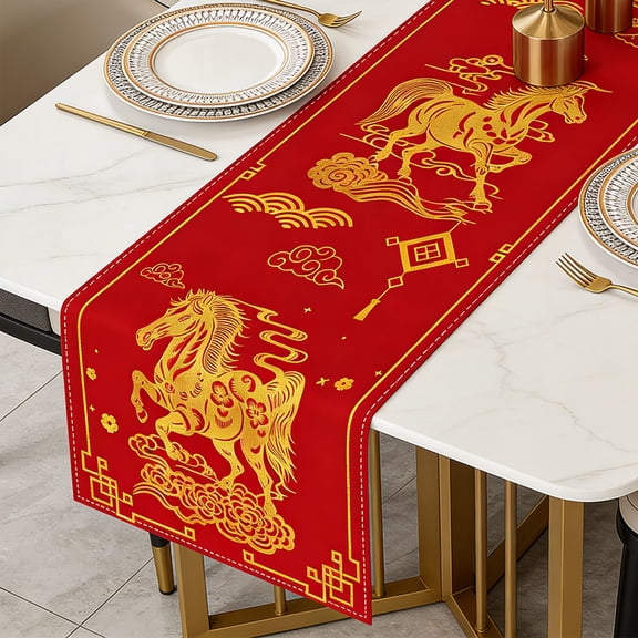 Hometravel 2026 Year of the Horse Table Runner 33x183cm, Chinese Zodiac Kitchen Dining Decor, Family Gathering Tablecloth