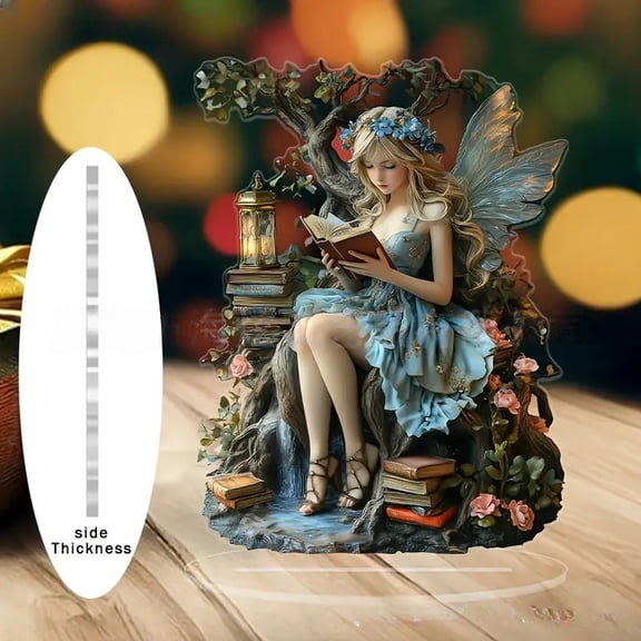 Hometravel 2D Acrylic Elegant Reading Fairy Decor, Desktop Flat Ornament With Base, Whimsical Figurine for Home Shelf Display