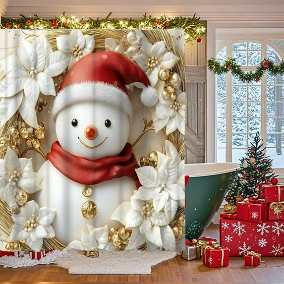Hometravel 3D Christmas Shower Curtain, Holiday Themed Bathroom Partition Curtain, Festive Pattern Waterproof Liner for Bath Decor
