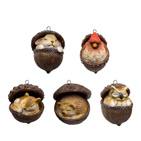 Hometravel 5-Piece Resin Forest Animal Ornaments, Cute Hazelnut Design Woodland Creature Set, Christmas Tree Decor Collection for Holiday, Gift, Seasonal Display