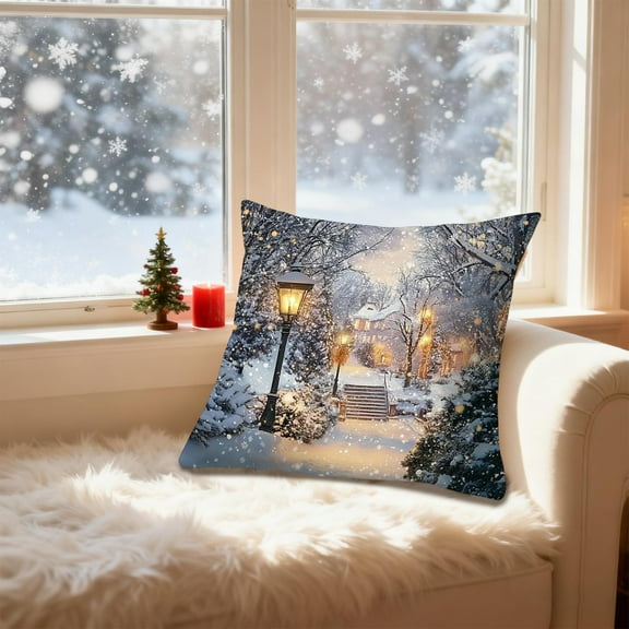 Hometravel American Style Christmas Pillow, Snow Scene Linen Cushion Cover, Holiday Themed Sofa Living Room Decor for Seasonal Home Decoration
