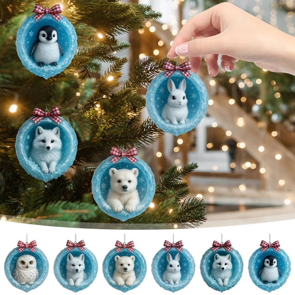 Hometravel Arctic Animals Christmas Ornaments, 2D Winter Theme Tree Decor Collection, Frosted Themed Hanging Pendants for Holiday Displays, Festive Decor