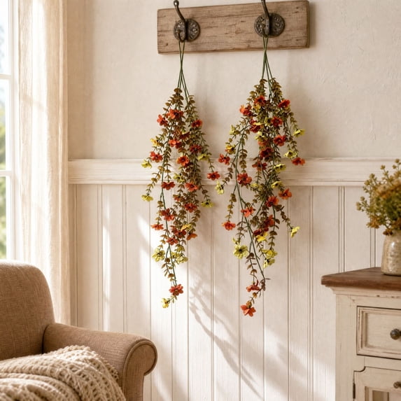 Hometravel Artificial Fall Hanging Basket, 2-Pack Brown Eucalyptus and Wisteria Faux Silk Flowers, Porch Patio Wall Outdoor Decor for Balcony, Fence, Entryway, Window Box