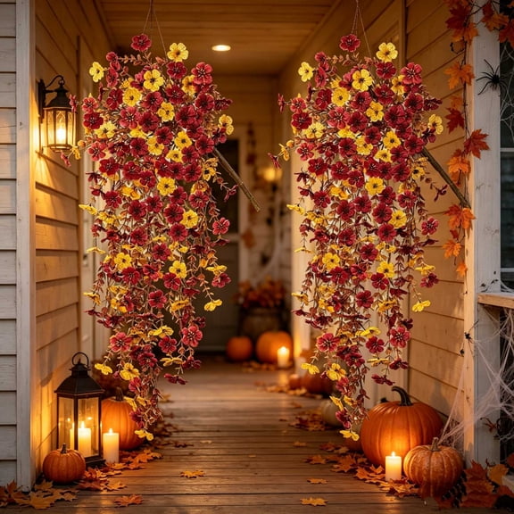 Hometravel Artificial Fall Maple Leaf Garland, Mini Pumpkin Hanging Swag Decor, Thanksgiving Harvest Garland for Front Door, Staircase, Mantel, Window, Home Ornament