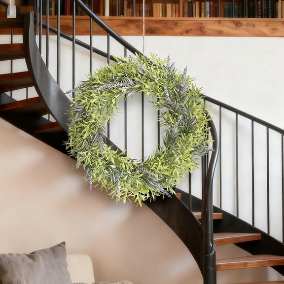 Hometravel Artificial Green Plant Wreath, Lavender and Bamboo Leaf Arrangement with Powder Finish, Decorative Wall Hanging for Door, Home, Interior Decor