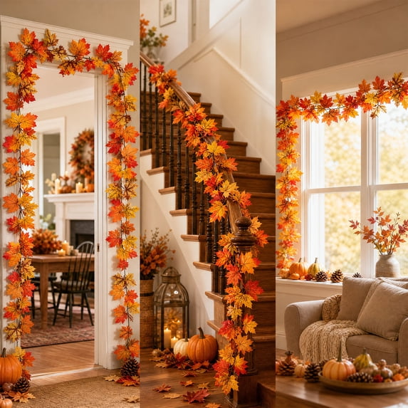 Hometravel Artificial Maple Leaf Vines Decorations, Fall Garland for Fireplaces and Dining Tables, Thanksgiving and Halloween Home Accent