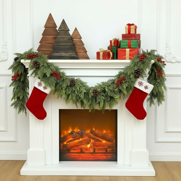 Hometravel Artificial Pinecone Garland, Christmas Vine with Red Berries, Winter Mantel Decoration for Porch and Tabletop Display