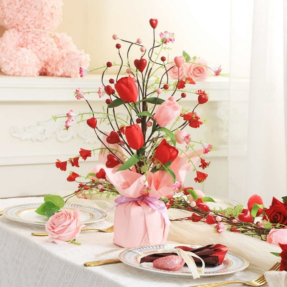 Hometravel Artificial Tulip Arrangement Small Tree, Simulated Flower Centerpiece for Living Room Dining Table, Valentine's Day Floral Decor for Home, Realistic