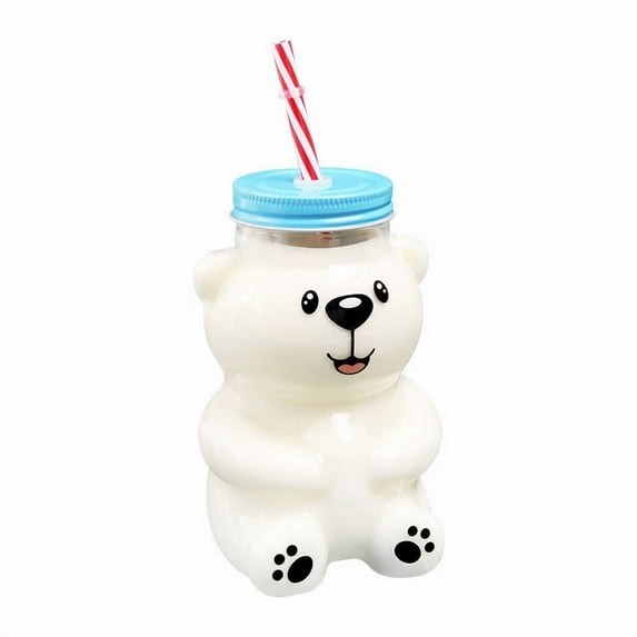 Hometravel Bear Shaped Drinking Cup, Glass Tumbler with Straw and Lid, Cute Animal Themed Beverage Container for Home Use