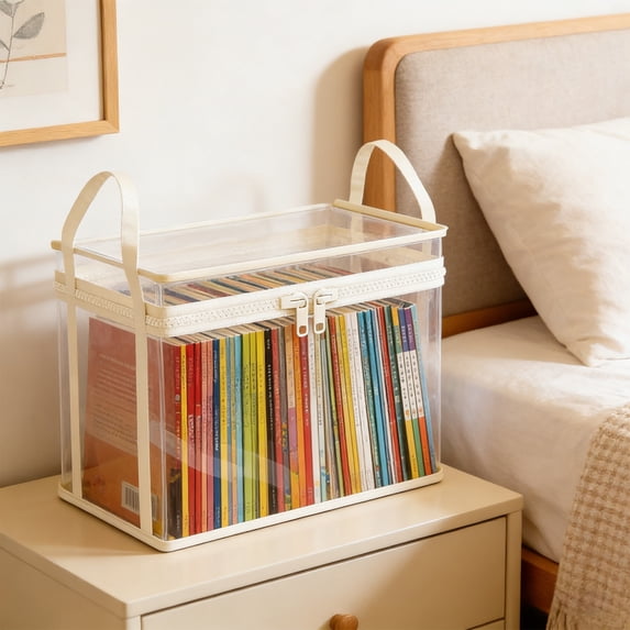 Hometravel Book Storage Box, Clear Plastic Organizer with Lid for Books, Transparent Book Case for Home Classroom Office Shelf, Dustproof Document Holder