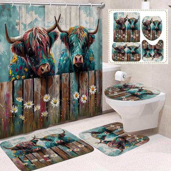 Hometravel Bull Head Print Shower Curtain Set, 4 Piece Polyester Waterproof Bathroom Decor with Mat, Highland Cow Theme Bath Curtain Divider for Home, Durable
