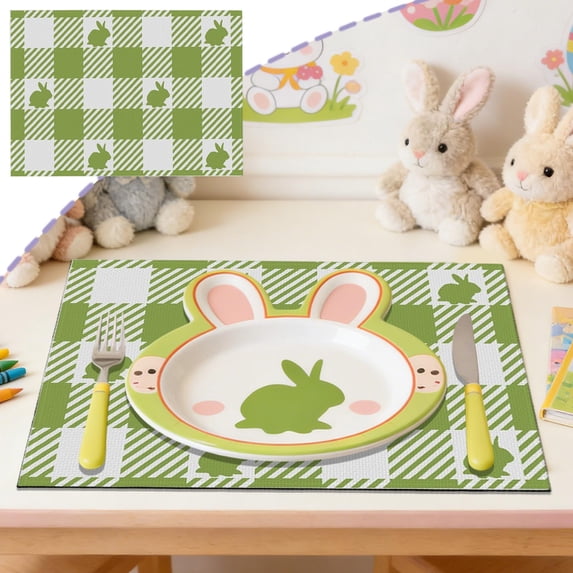 Hometravel Bunny Print Easter Placemat 30x45cm, Linen Look Insulating Table Mat, Western Style Dining Decor, Holiday Themed Party Supply