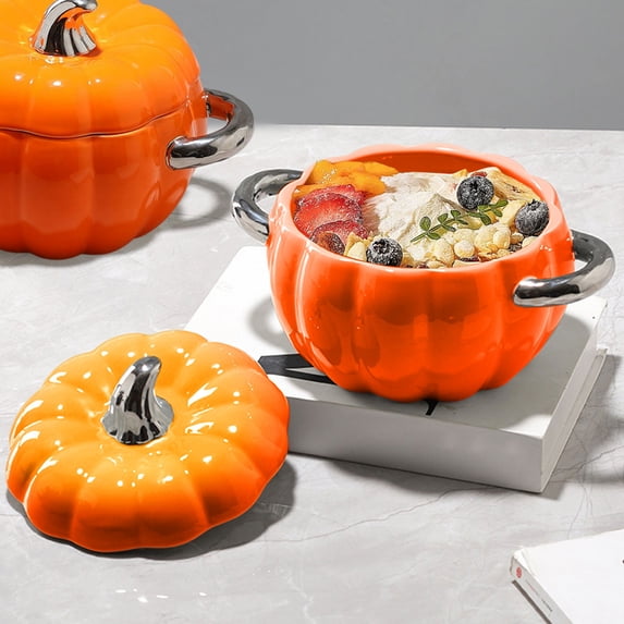 Hometravel Ceramic Pumpkin Soup Bowl with Lid, 1800ml Large Capacity Noodle Bowl with Handles, Home Kitchen Dining Ware for Daily Use, Serving