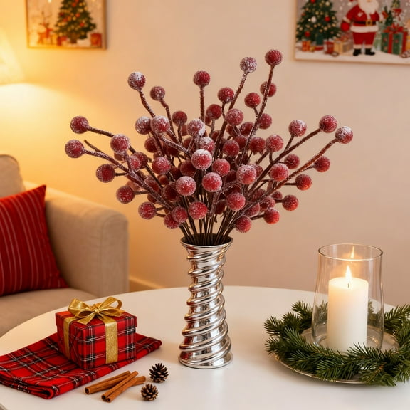 Hometravel Christmas Berry Picks Decor, Artificial Red Berries and White Snowflakes Stem, Floral Arrangement for Christmas Tree, Garland, Wreath, Table Centerpiece