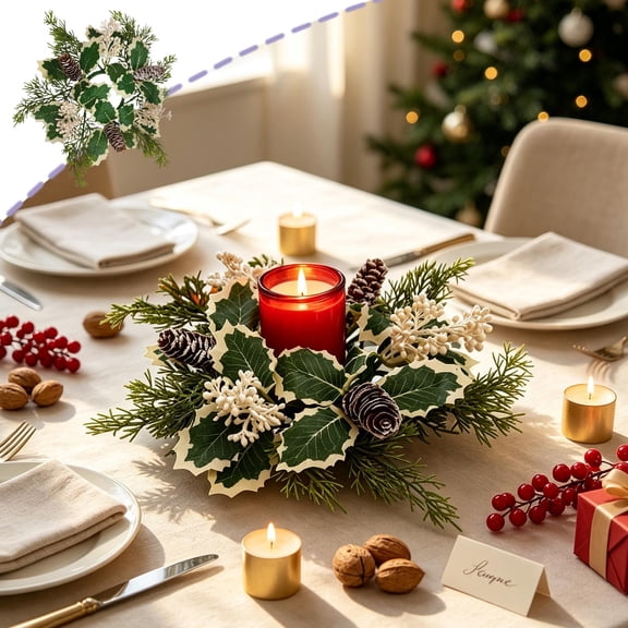 Hometravel Christmas Candle Wreath Ring, Pinecone Candlestick Decor with Creative Design, Festive Tabletop Arrangement for Mantel, Dining Table, and Holiday Centerpiece