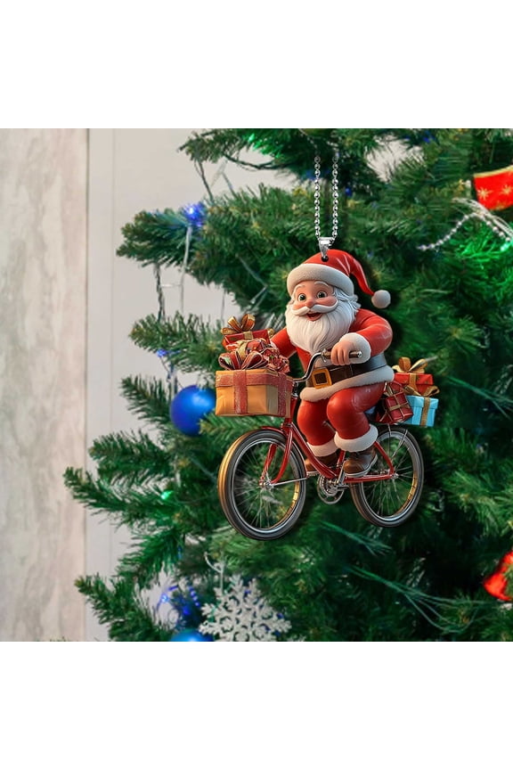 Christmas Cyclist Ornament, Acrylic Hanging Pendant with Old Man on Bicycle, Keychain Decor for Car Interior, Backpack, Holiday Gift Accessory