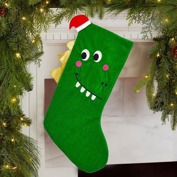 Hometravel Christmas Dinosaur Sock, Large Green Stocking with Embroidery Design, Gift Bag Alternative for Holiday, Unique Theme Decor Item
