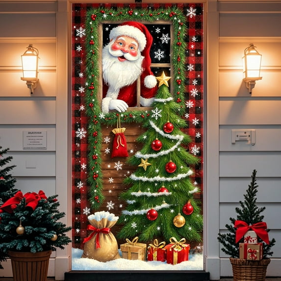 Hometravel Christmas Door Cover Curtain, Santa Claus Pattern Fabric Door Decoration, 35x72 Inch Festive Wall Hanging for Party, Holiday Home Decor