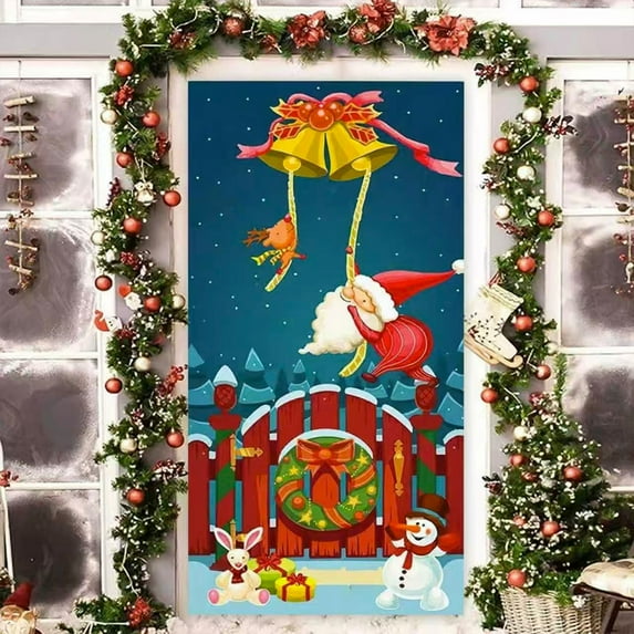 Hometravel Christmas Door Curtain, Santa and Puppy Pattern Fabric Hanging, Outdoor Photo Background Decor for Holiday Entryway Display