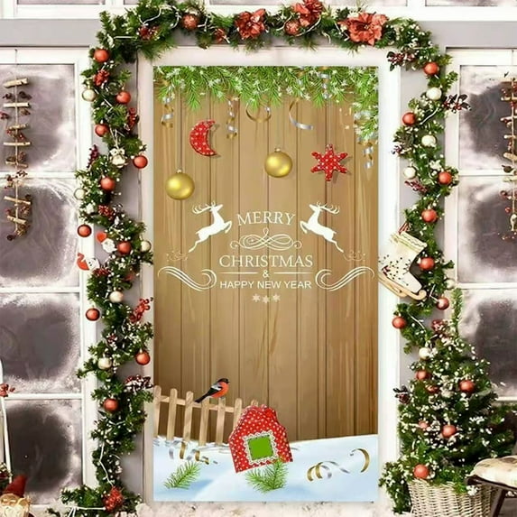 Hometravel Christmas Door Curtain, Santa and Puppy Pattern Fabric Hanging, Outdoor Photo Background Decor for Holiday Entryway Display