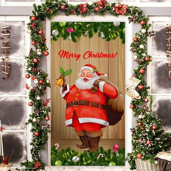 Hometravel Christmas Door Curtain, Santa and Puppy Pattern Fabric Hanging, Outdoor Photo Background Decor for Holiday Entryway Display