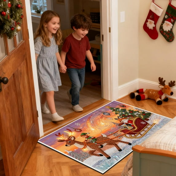 Hometravel Christmas Embroidery Doormat, 3D Pattern Absorbent Entrance Mat, Non-slip Floor Rug for Doorway, Kitchen, Home Decor