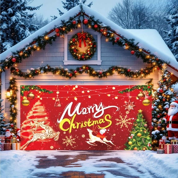 Hometravel Christmas Garage Door Banner, Large Holiday Yard Door Cover Design, Merry Christmas Porch Backdrop for Outdoor Party