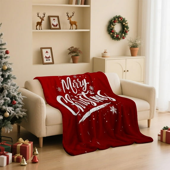 Hometravel Christmas Print Flannel Blanket, Large Holiday Pattern Throw Cover, Festive Bedspread for Sofa, Bedroom, Seasonal Home Decoration