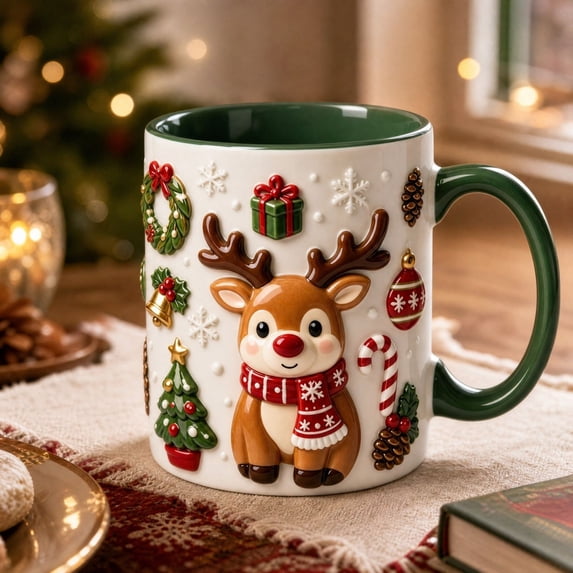 Hometravel Christmas Reindeer Ceramic Coffee Mug, Milk Cup with Flat Design, Holiday Drinkware for Home Kitchen and Christmas Gift