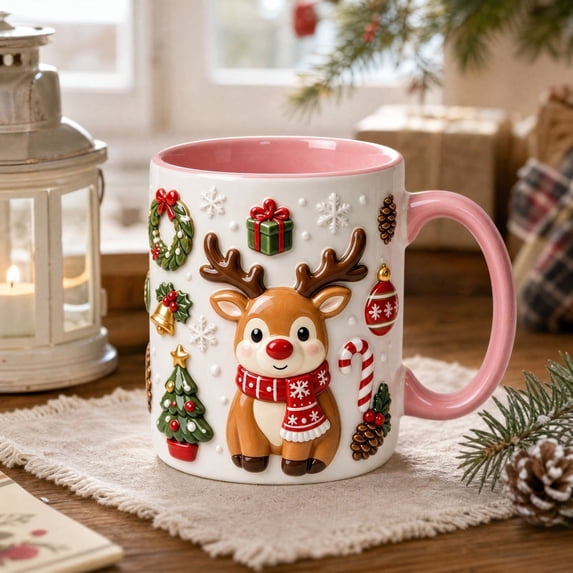Hometravel Christmas Reindeer Ceramic Coffee Mug, Milk Cup with Flat Design, Holiday Drinkware for Home Kitchen and Christmas Gift