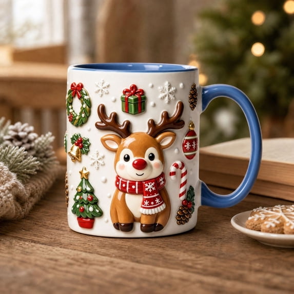 Hometravel Christmas Reindeer Ceramic Coffee Mug, Milk Cup with Flat Design, Holiday Drinkware for Home Kitchen and Christmas Gift
